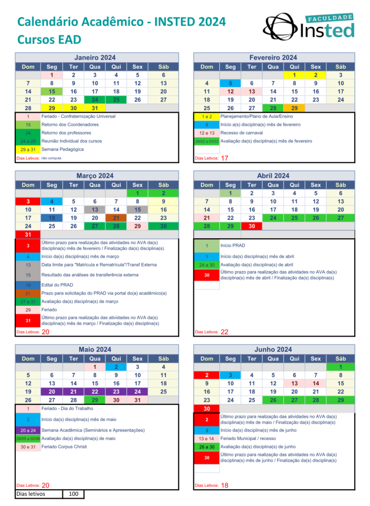 Calendário EAD Faculdade Insted